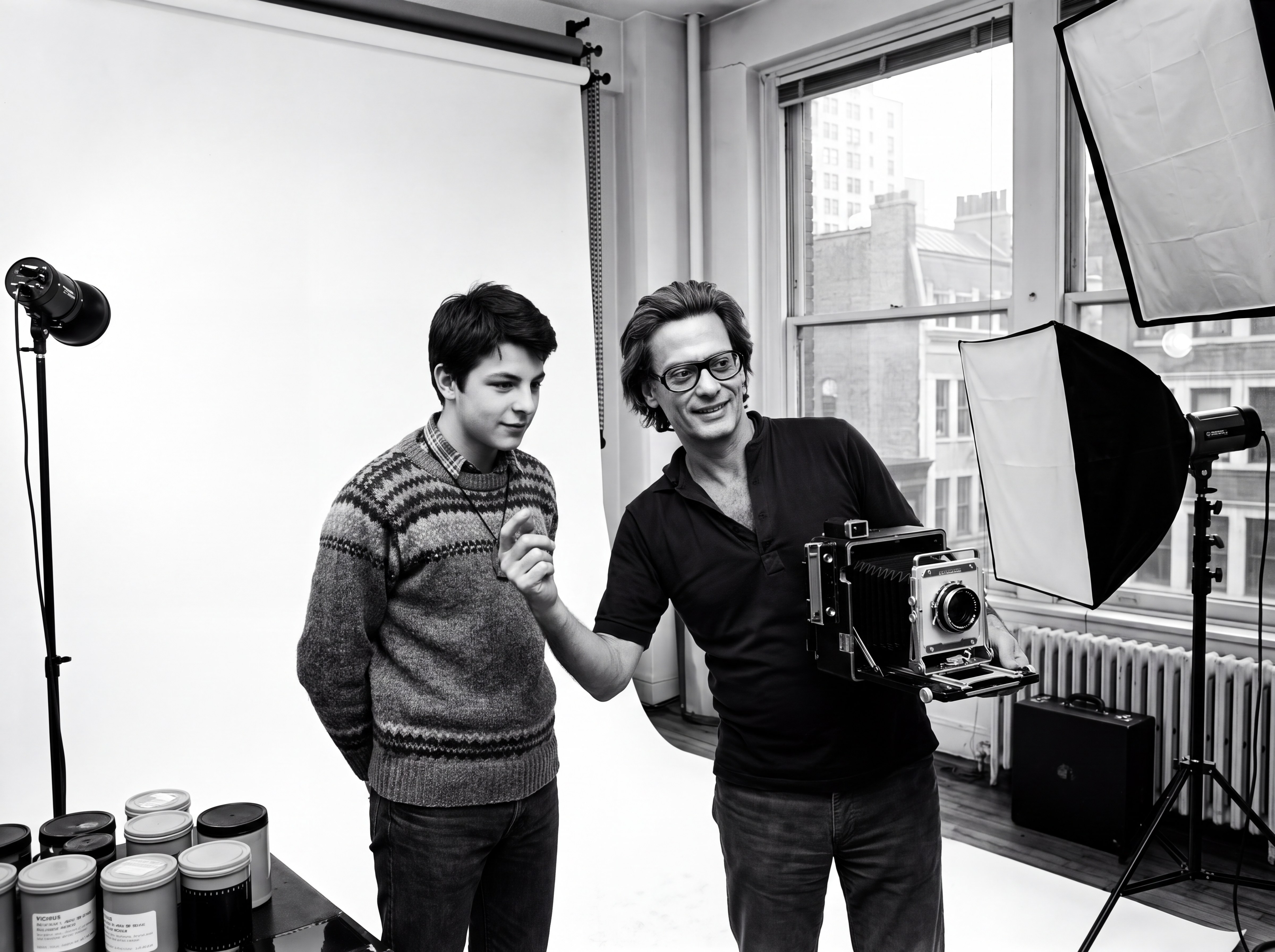 Young Egemen Mustafa Şener with mentor Richard Avedon in the New York photography studio